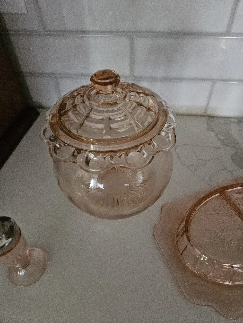 Pink Depression Glass Bathroom Vanity Set - Elegant Pink Glass Accessories